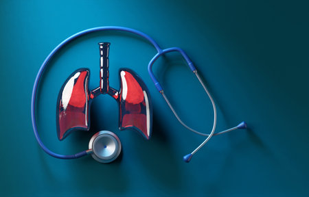 glass Lung and a stethoscope, Check Up concept, top view, 3d renderの写真素材