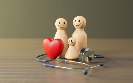 Family model and Red heart model, Stethoscope with Shield protect icon, Family insurance concept, childrensâ healthcare, 3D renderの写真素材