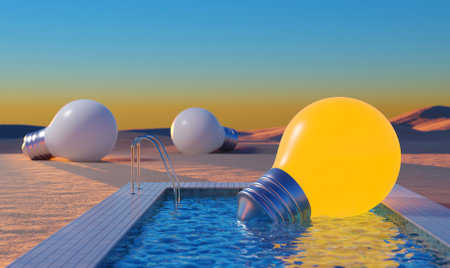 Light bulb idea concept relax in pool, desert background, 3D rendering
