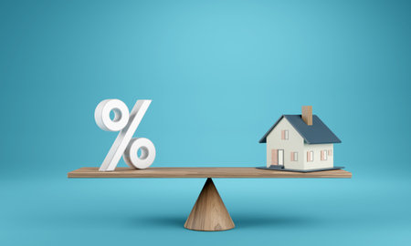 House Interest Rate Percentage, House and Percentage on seesaw. Real estate business mortgage investment and financial loan concept. real estate property. 3D renderingの写真素材
