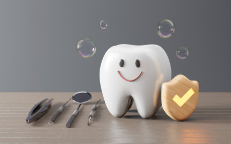 happy tooth with Shield protect,. Cute dentist mascot. Oral health and dental inspection teeth. Medical dentist tool, children healthcareの写真素材