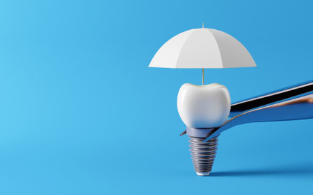 Dental teeth implants and umbrella protection. Oral health and dental inspection teeth. Medical dentist tool, children healthcareの写真素材