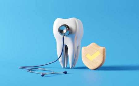 Healthy white tooth with Shield protect and Stethoscope. Oral health and dental inspection teeth. Medical dentist tool, children healthcareの写真素材