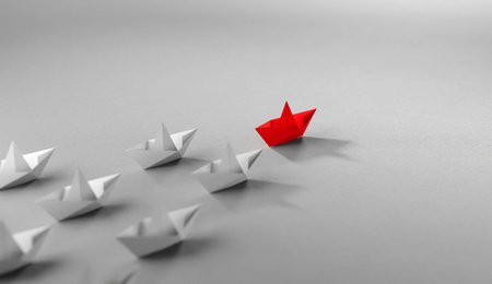 Leadership concept, Red leader boat leading whites. 3D Renderingの写真素材