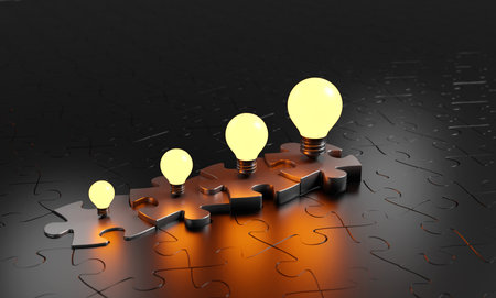 Business concept.outstanding gold jigsaw on black. Leader, Unique, Think different, light bulb...