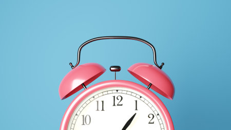 Pink vintage alarm clock on light blue color background,3D render