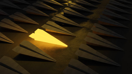 Leadership concept, bright paper airplane standing out from paper airplanes. 3D Renderingの写真素材