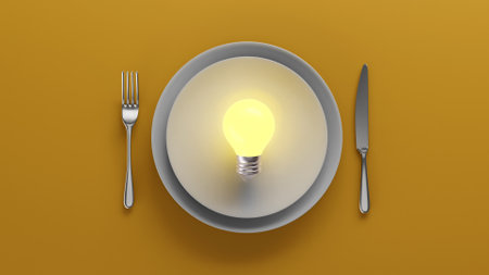 Light bulb on plate with knife and fork. 3D rendering.の写真素材