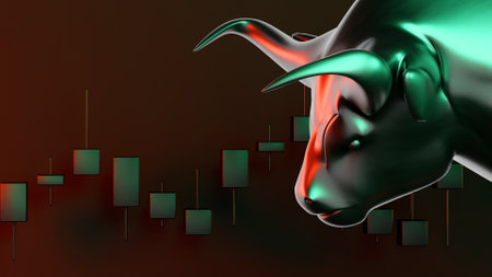concept of stock market exchange or financial analysis,bull and bear with futuristic elementの写真素材