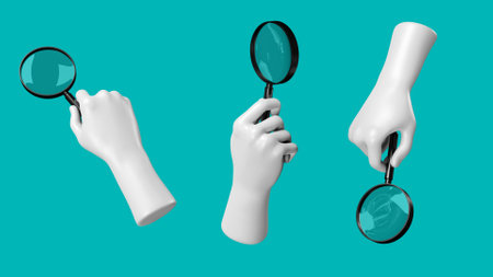 Set of white stone statue hand holding magnifying glass, clipping path