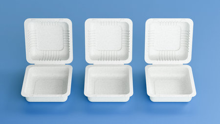 White plastic food box isolated on blue background. 3d rendering.