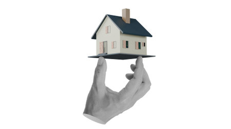 hand holding house, selling real estate, Collage artの写真素材