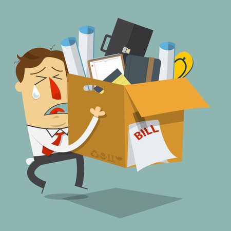 Businessman quite job. Resign form work. Dismissed employee. Cartoon character. Vector Illustration.のイラスト素材