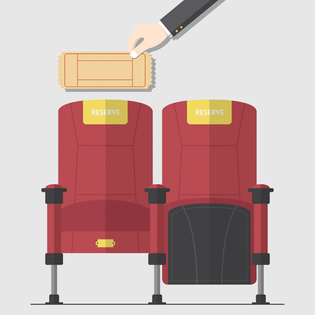 Two red cinema chair in flat design with hand holding blank movie ticket. Vector. Illustration.のイラスト素材