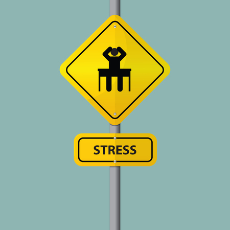 Businessman seriously pressure in workplace. Pictogram icon with stress wording on road sign. Vector. Illustrationのイラスト素材