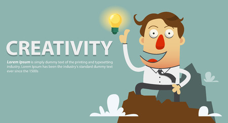 Creative light bulb symbol with Success businessman on the top of the mountain. Cartoon character. Vector Illustration.のイラスト素材