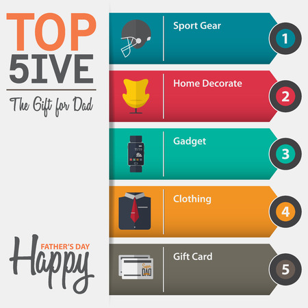 Infographic of top five the gift for dad for Fathers Day in flat design. Vector Illustration.のイラスト素材