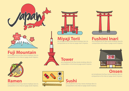 Set of flat line icon and infographic element design . The Japanese letters mean Onsen hot spring.Concept Japan travel.  Vector Illustrationのイラスト素材