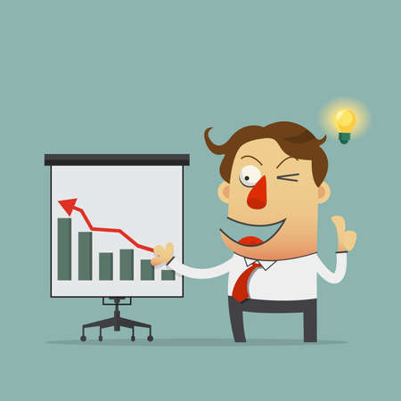 Young businessman reporting on presentation board with growth up graph. Cartoon character. Vector Illustrationのイラスト素材