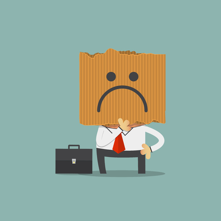 Businessman hide his real face by holding sadness imoticon cardboard mask. Cartoon character. Vector Illustrationのイラスト素材