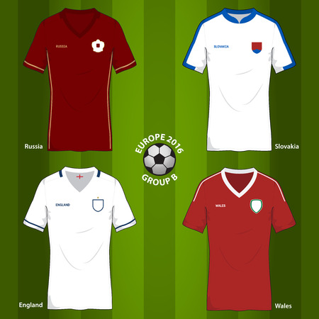 Soccer or Football uniform template for European football tournament 2016. Group B : England, Wales, Russia, Slovakia. Illustration.のイラスト素材