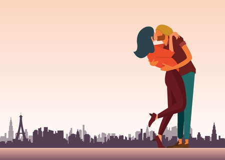 Flat design of loving couple are kissing for valentine day and wedding decoration. City skyline background. Vector Illustrationのイラスト素材