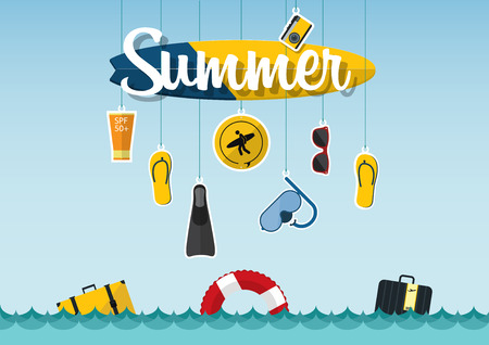 Typography of summer on the beach with icons set of travel in flat design. Summer holiday and seascape. Illustrationのイラスト素材