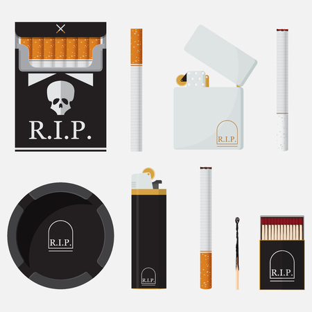 Set of lighters, cigarettes, match and ashtray in flat design. Element for World No Tobacco Day.Illustrationのイラスト素材