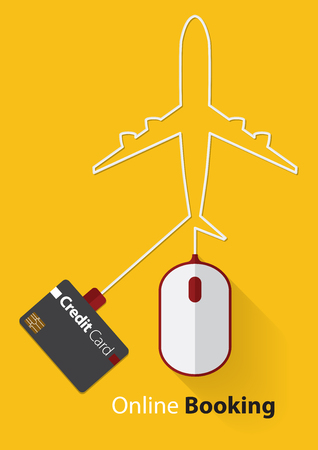 Red and White Mouse in Online Booking Concept with credit card, Line plane in flat design, Illustrationのイラスト素材