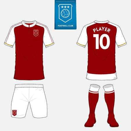 Set of soccer or football kit template for your sport club. Front and back view. Red and white.のイラスト素材
