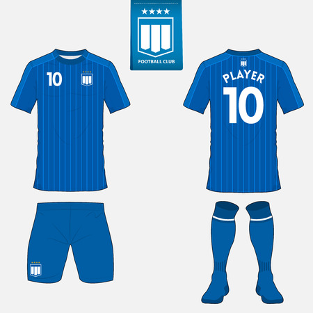 Set of soccer kit or football jersey template for football club. Flat football logo on blue label. Front and back view. Football apparel mock up. Vector Illustrationのイラスト素材