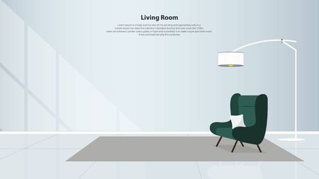 Home interior design with furniture. Modern living room with green armchair, table, lamps and carpet in flat design. Minimal style. Vector illustration.のイラスト素材