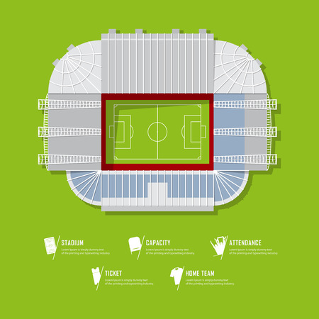 Top view of football stadium or soccer arena.  Sport venue in flat design. Infographic and sport icon set.  Vector Illustration.のイラスト素材