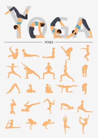Set of silhouette yoga poses in flat design . Yoga infographics. Vector Illustration.のイラスト素材