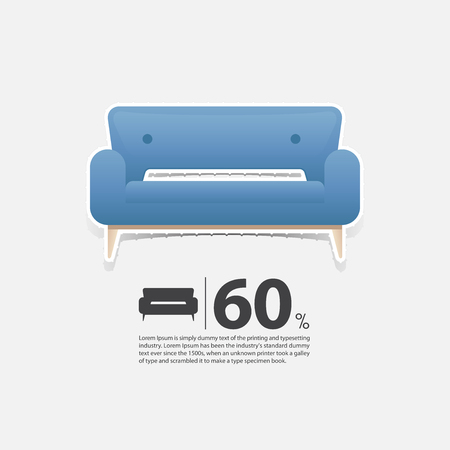 Sofa in flat design for living room interior. Minimal couch icon for furniture sale poster. Blue couch on white background in paper art style. Vector Illustration.のイラスト素材