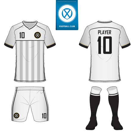 Set of soccer kit or football jersey template for football club. Flat football logo on blue label. Front and back view soccer uniform.のイラスト素材