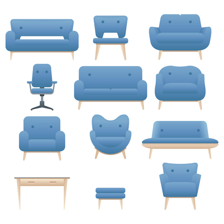 Icon set of modern furniture chair armchair and sofa. Home interior design. Vector. Illustrationのイラスト素材