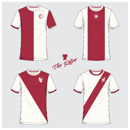 Soccer jersey or football kit, short, sock template for sport club. Football t-shirt mock up. Front and back view soccer uniform. Flat football logo on blue label. Vector Illustration.のイラスト素材