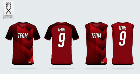 Red-black t-shirt sport design template for soccer jersey, football kit and tank top for basketball jersey. Sport uniform in front and back view. Tshirt mock up for sport club. Vector Illustration.のイラスト素材