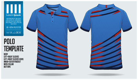 Blue Polo t-shirt sport template design for soccer jersey, football kit or sportswear. Sport uniform in front view and back view. T-shirt mock up for sport club. Vector Illustration.のイラスト素材