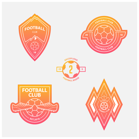Set of football or soccer crests and logos. Soccer badges in flat design on orange gradient background. Football emblem for sport club. Vector illustration.のイラスト素材