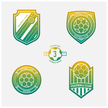 Set of football or soccer crests and logos. Soccer badges in flat design on yellow and green gradient background. Football emblem for sport club. Vector illustration.のイラスト素材