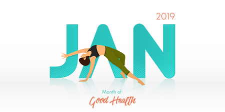 Yoga pose for January banner. Yoga routine header for calendar template. Woman figures exercise in black shirt and green yoga pants  in Month of Good Health concept. Vector Illustration.のイラスト素材