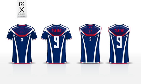 Blue T-shirt sport template design for soccer jersey, football kit and tank top for basketball jersey. Sport uniform in front and back view. Sport shirt mock up for sport club. Vector Illustration.のイラスト素材