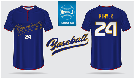 Baseball jersey, sport uniform, raglan t-shirt sport template design. Baseball t-shirt mock up. Front and back view baseball uniform. Flat baseball logo on blue label. Vector Illustration.のイラスト素材