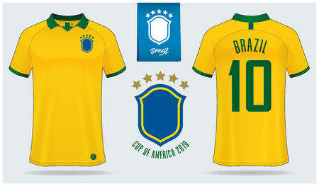 Set of soccer jersey or football kit mockup template design for Brazil national football team. Front and back view soccer uniform. Yellow Football shirt mock up. Vector Illustrationのイラスト素材