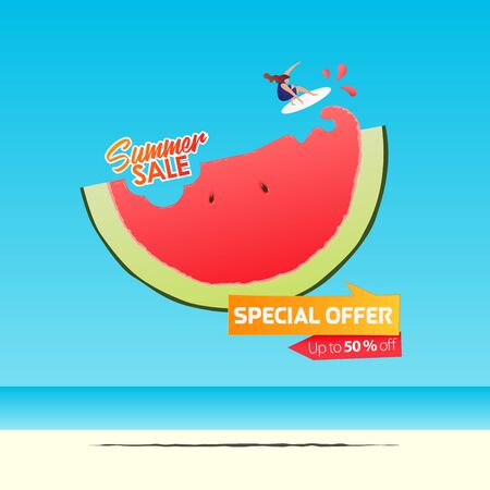 Summer sale banner template design. Special offer  up to 50% off banner for summer season. Girl surfing on a half of watermelon in flat design. Summer sale typography on sea background. Vector Illustration.のイラスト素材