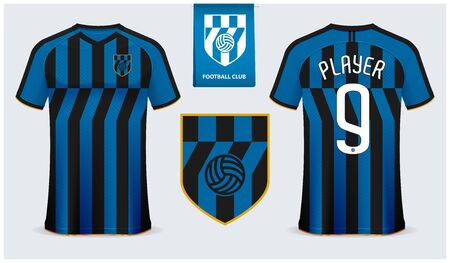 Soccer jersey or football kit mockup template design for sport club. Football t-shirt sport mock up. Soccer uniform in front view and back view, Flat football logo design. Vector Illustration.のイラスト素材