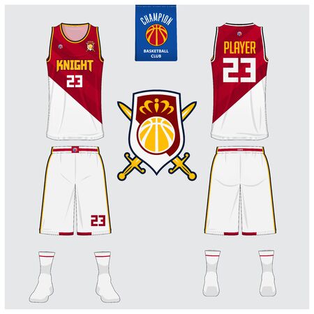 Basketball uniform mockup template design for basketball club. Tank top t-shirt mockup for basketball jersey. Front view, back view basketball shirt. Flat sport logo design. Vector Illustration.のイラスト素材