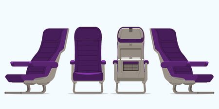 Airplane seat in various points of view. Armchair or stool in front view, rear view, side view. Furniture icon for Plane transport interior design  in flat style. Vector illustration.のイラスト素材
